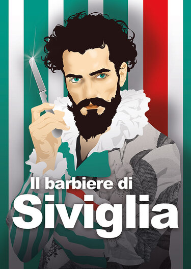 Plakatmotiv zur Oper Il Barbiere di Siviglia am Harztheater mit einem Barbier mit Messerklinge in der Hand in italienischen Farben