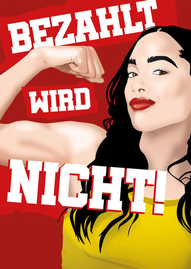 Plakatmotiv zur Schauspielkomödie Bezahlt wird nicht! mit einer Frau, die ihre Armmuskeln zeigt